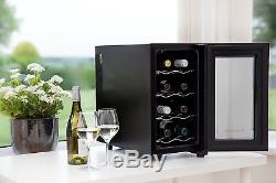 Black Wine Cooler Glass Door LED Drinks Fridge Table Top Compact 8 Bottle Rack