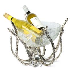 Octopus Large Glass Bowl Wine Bottle Ice Cooler & Stand Crackle Display Bowl